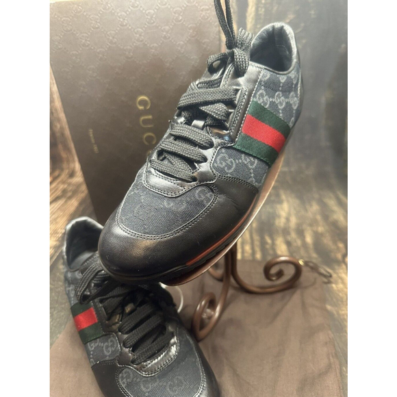 Gucci Black Leather Size 7.5 Interlocking G Green Red Green Sneakers 37.5 - Picture 1 of 6